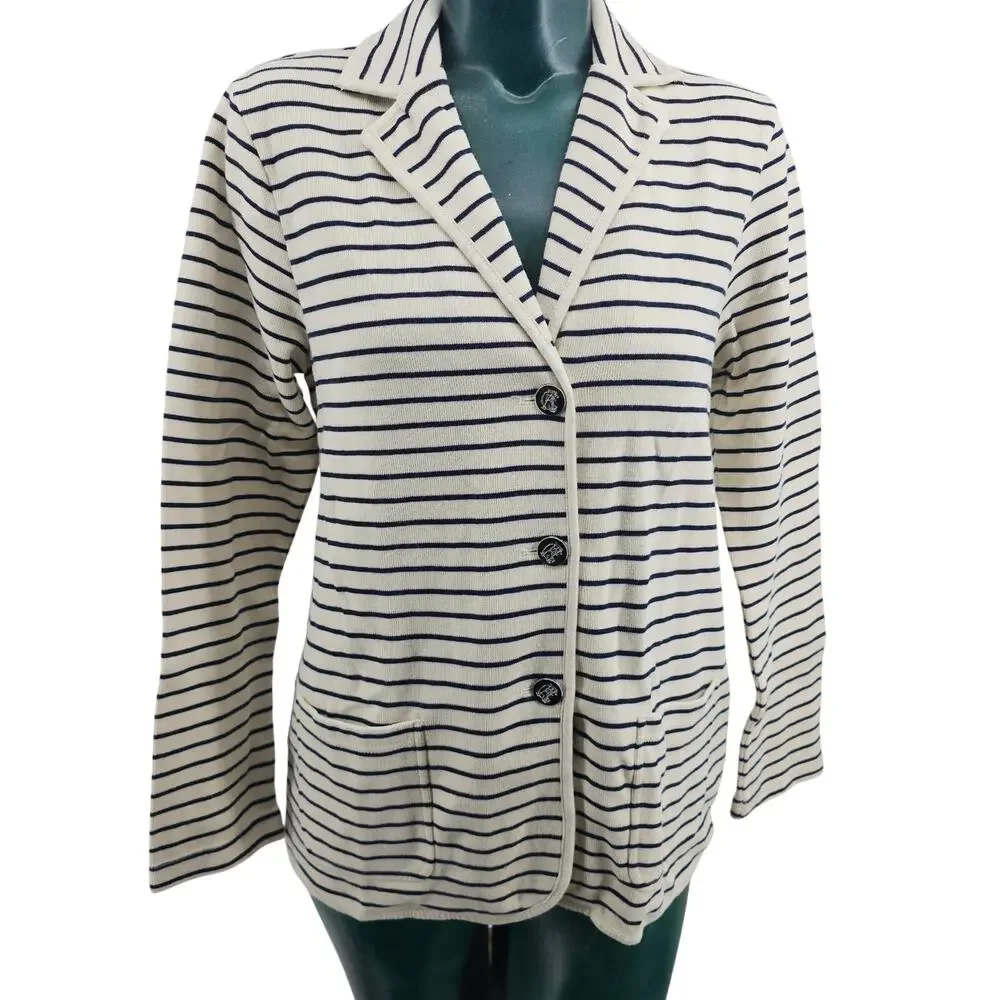 Chaps Nautical Preppy Knit Blazer Jacket Cream Navy Stripes Womens M 3613 - Picture 1 of 8